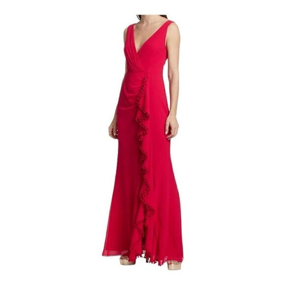 Badgley Mischka Dresses & Skirts - Badgley Mischka Red V-neck Ruffle Pom Pom Gown Size 8